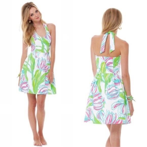 Lilly Pulitzer Ross Ring The Bellboy Tulip Halter Mini Dress White Green Size 2 - Picture 1 of 6